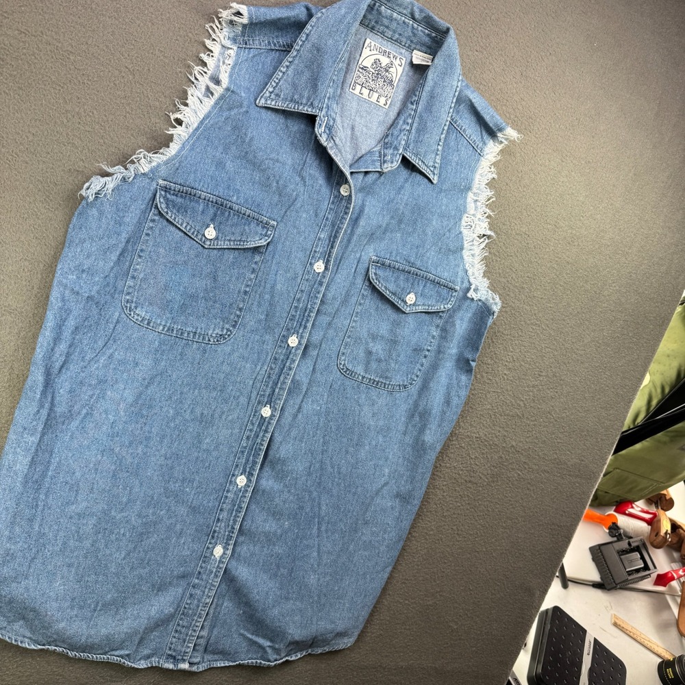 Vintage Andrews Blues Vest Women L Denim Raw Hem Trucker Cowboy Button Up - Picture 8 of 8